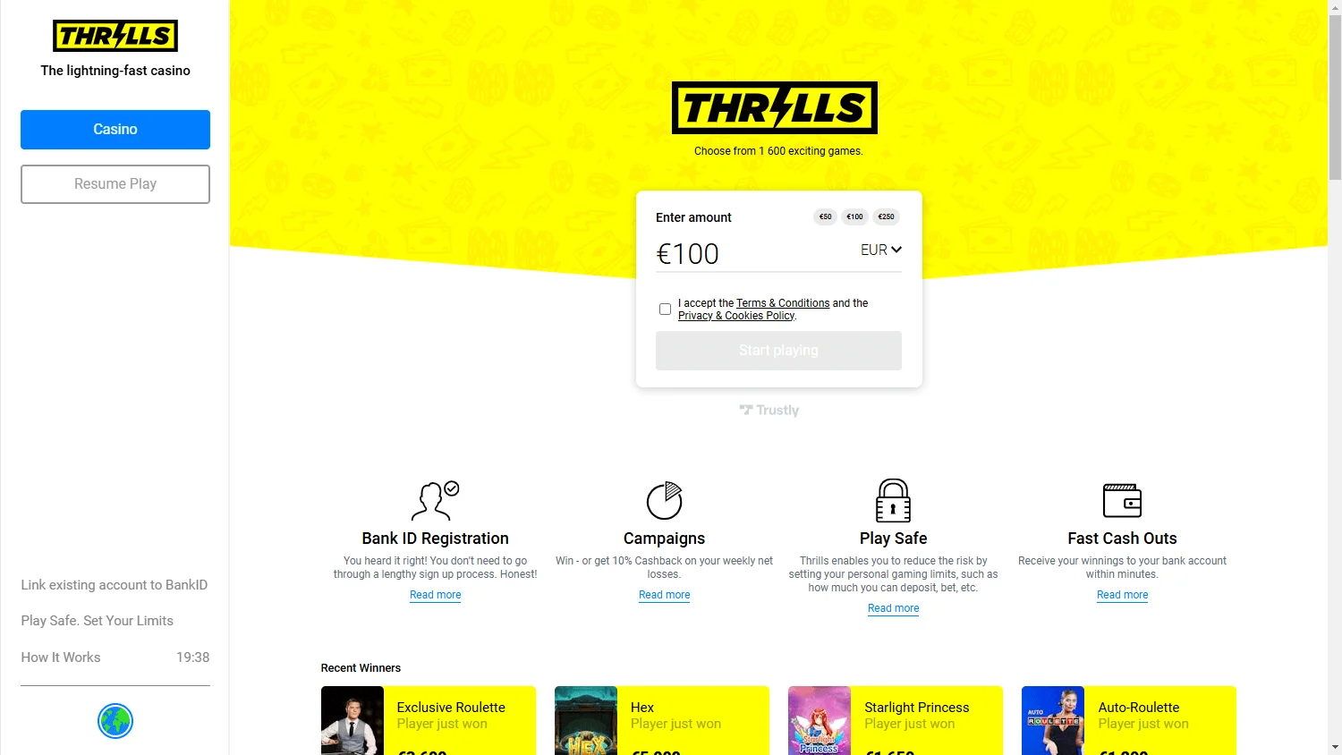 Thrills casino lobby on desktop